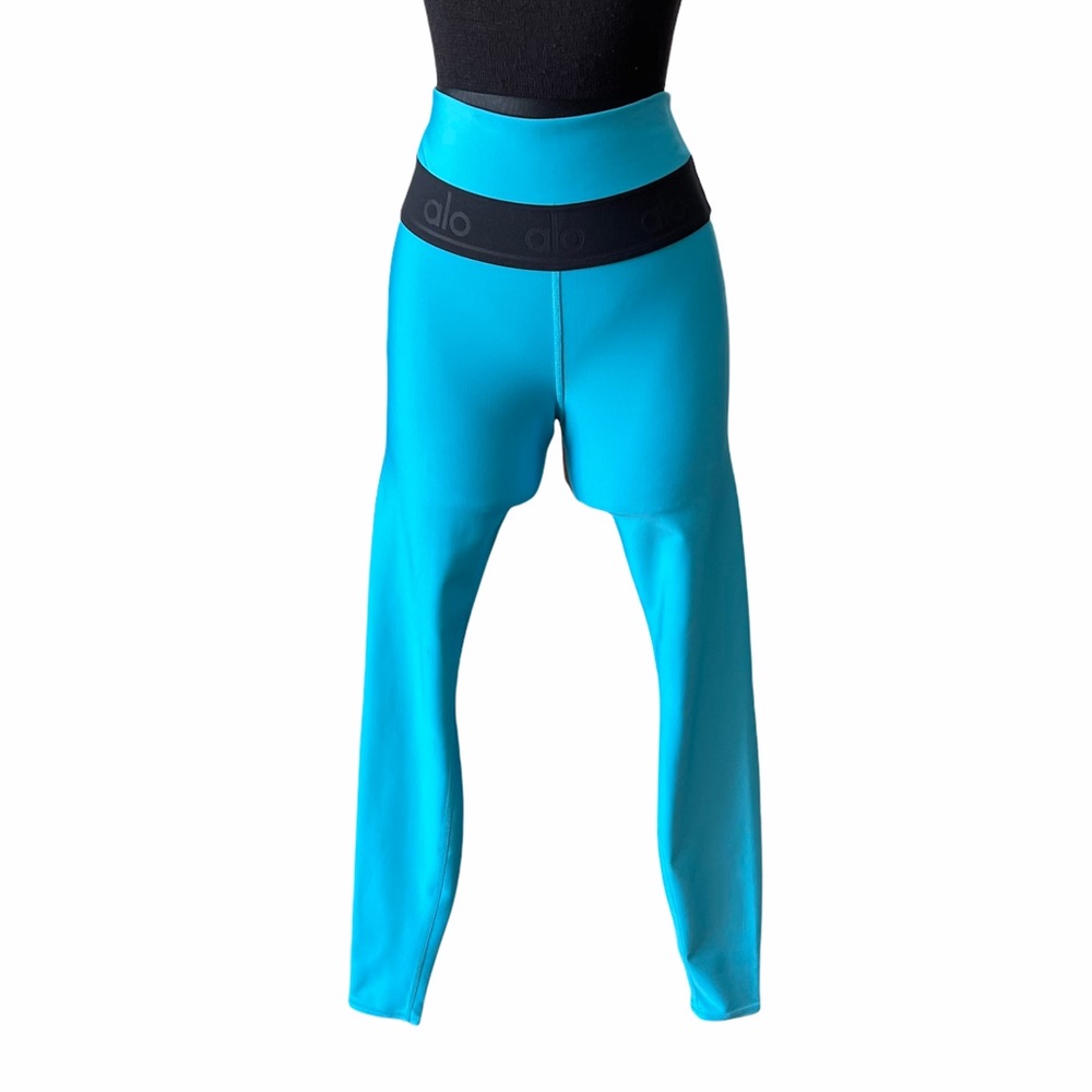 ALO Yoga Teal Blue High-Waist Leggings with Black Waistband